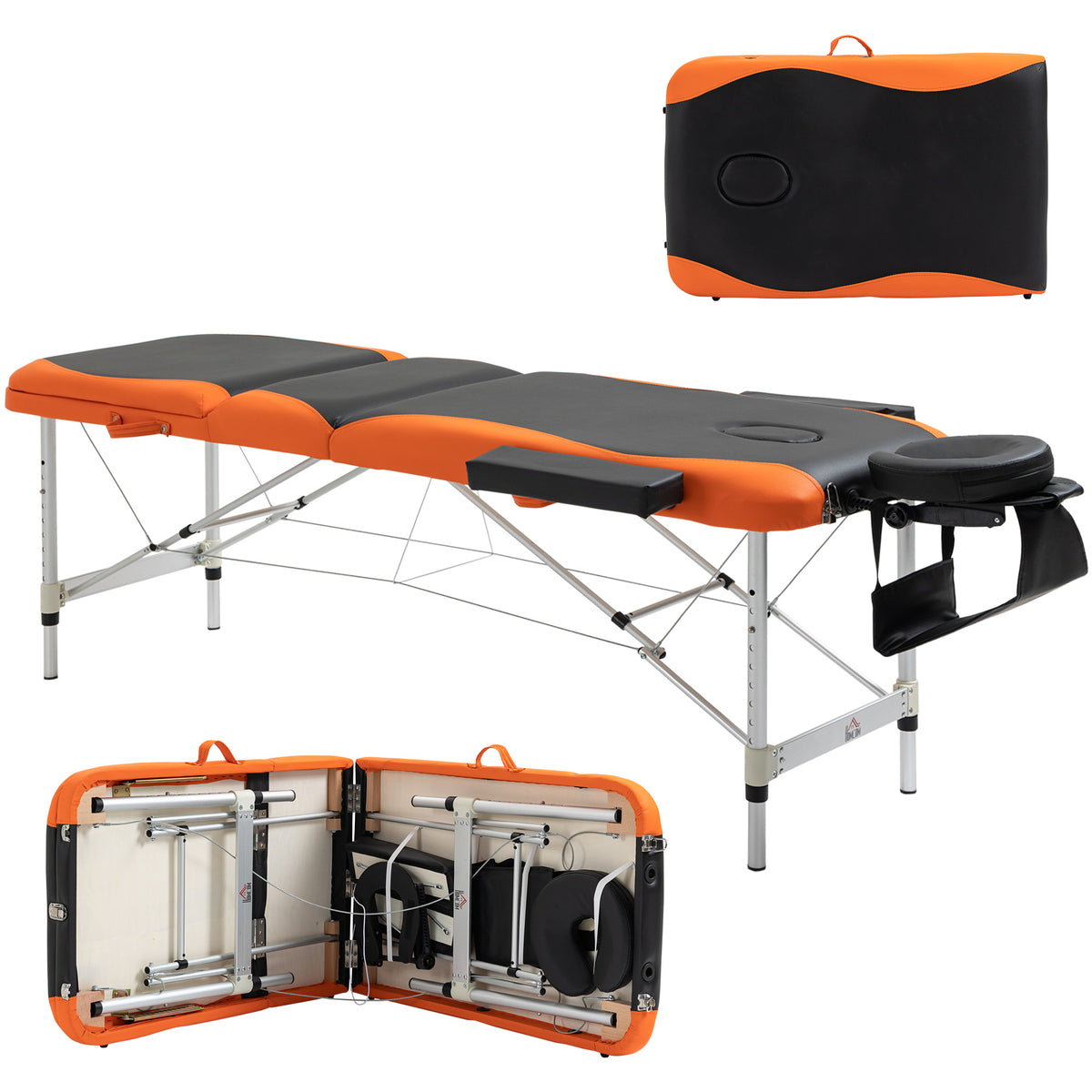 Lettino da Massaggio Pieghevole ad Altezza Regolabile, Lettino Professionale per Massaggi in Alluminio e Plastica, 215x81x61-84 cm, Nero e Arancione