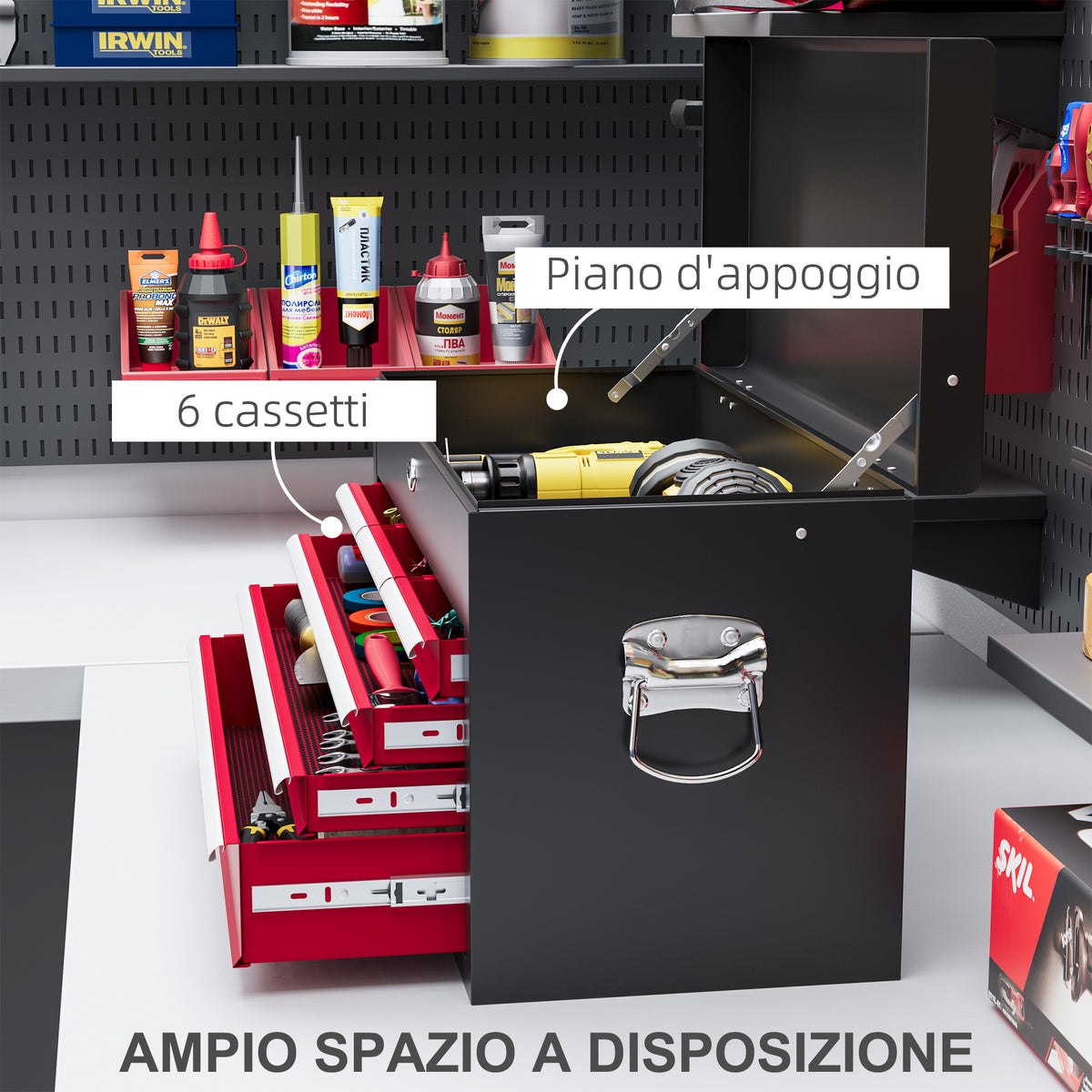 Cassetta per Attrezzi a 6 Cassetti in Acciaio con Serratura, 60x26x34cm, Nero e Rosso