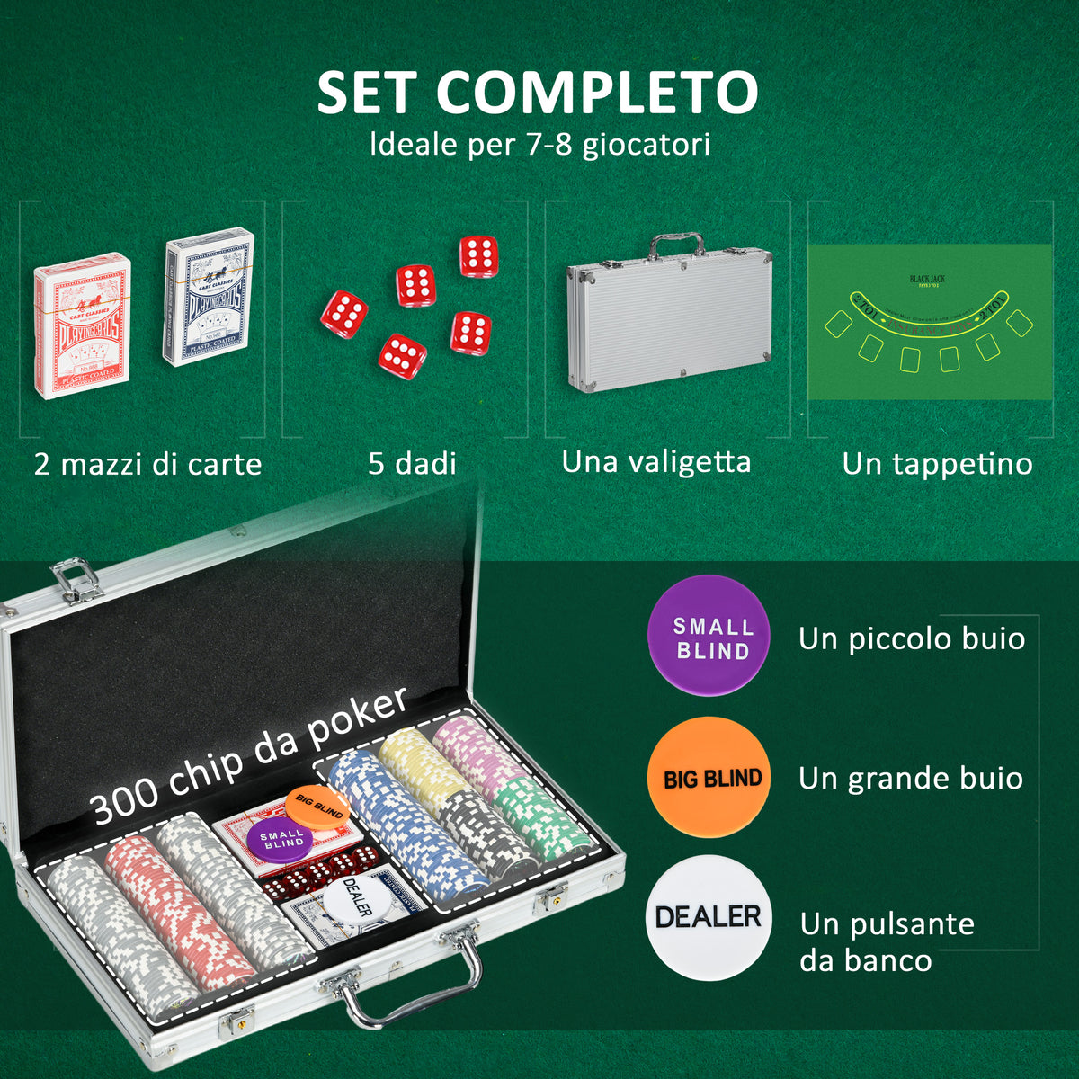 Set Poker per 7-8 Giocatori con 300 Fiches, 2 Mazzi di Carte e 5 Dadi, in Alluminio e Poliestere
