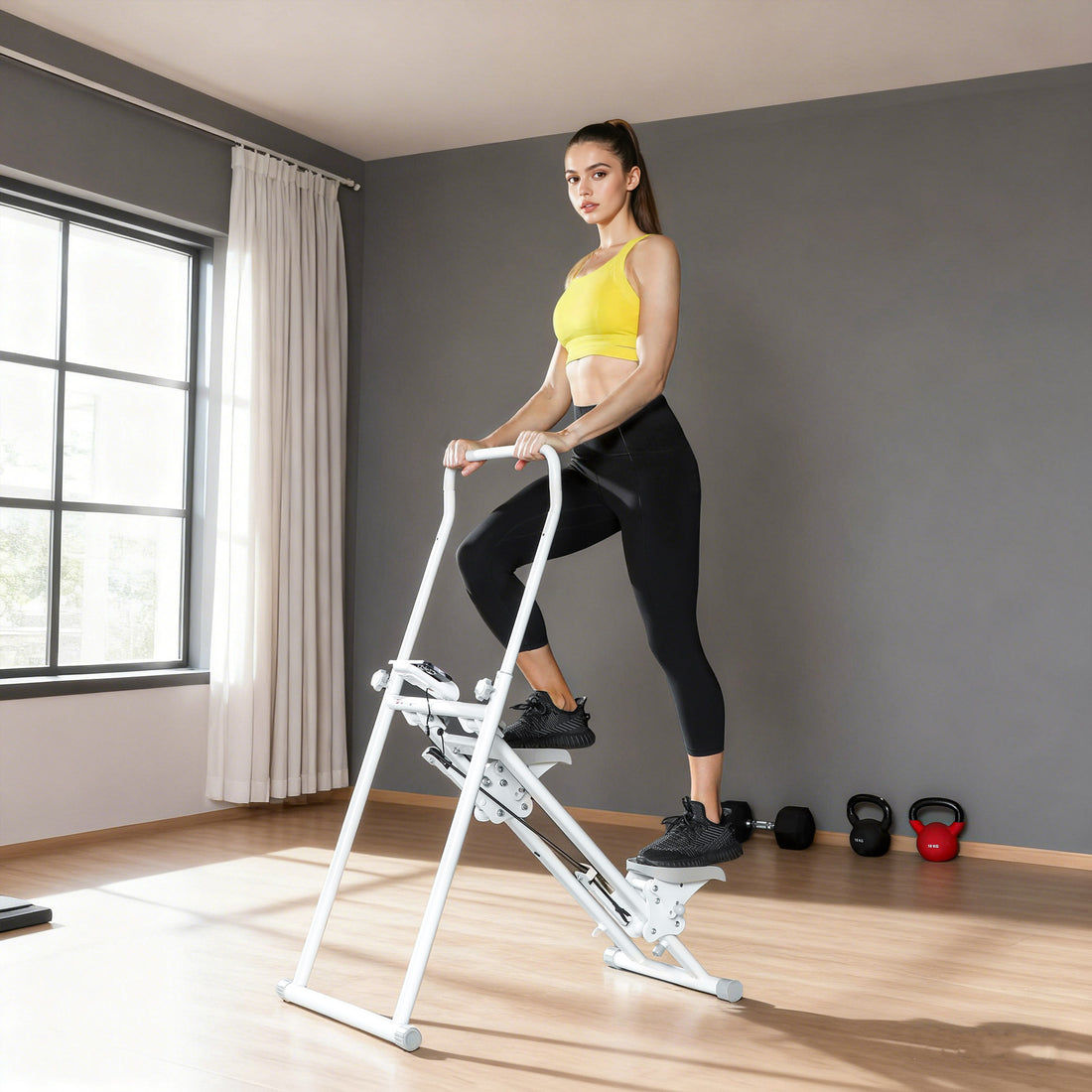 Stepper Vertical Climber Pieghevole con Impugnatura Regolabile, Pedali Antiscivolo e Monitor LCD, Bianco