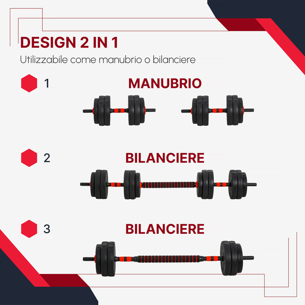 Set 2 Manubri Convertibili in Bilanciere, 25kg Totali con 12 Dischi Pesi Acciaio e Plastica Allenamento a Casa