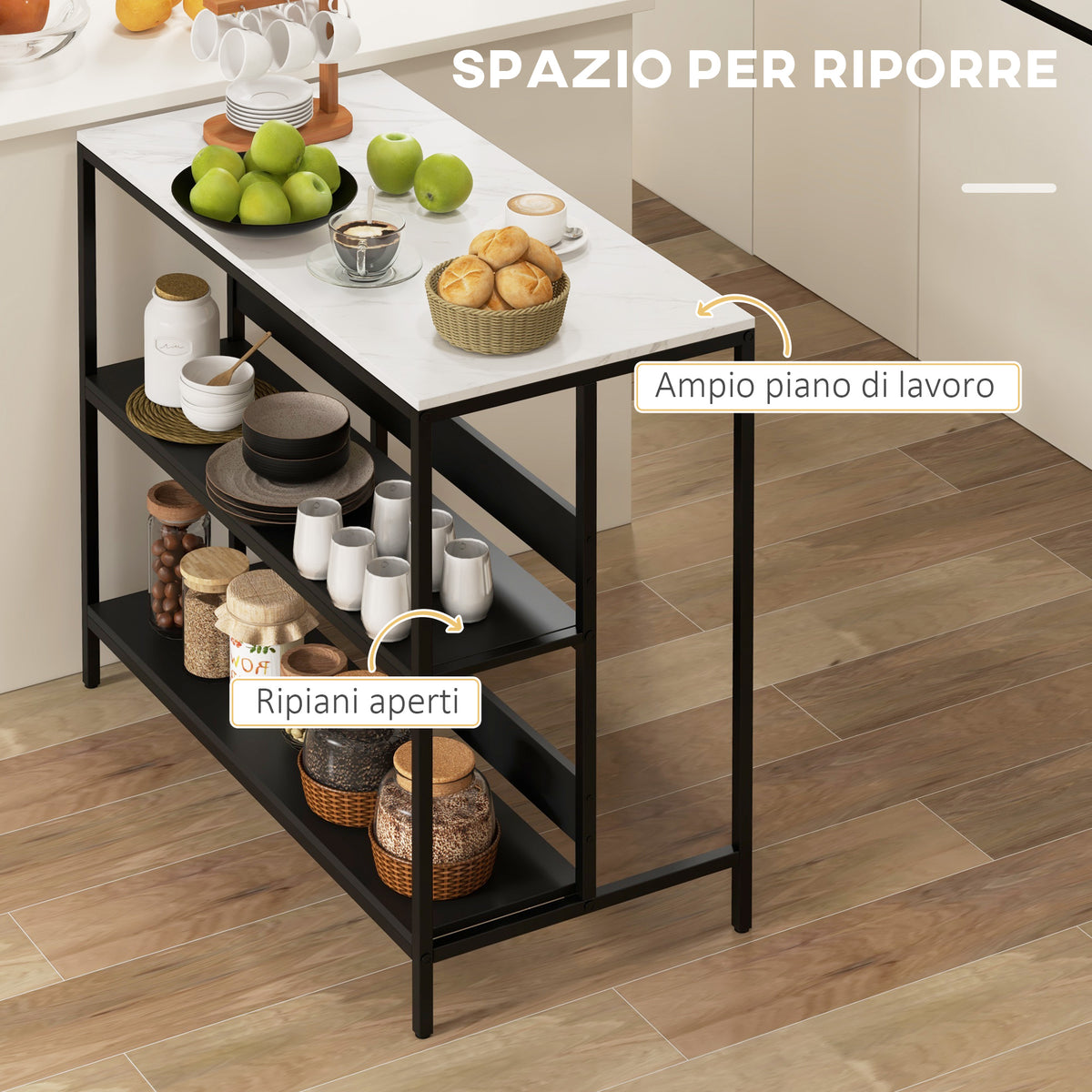 Isola da Cucina con Mensole, Piano Effetto Marmo e Struttura in Metallo, 100x50x90cm, Nero e Bianco