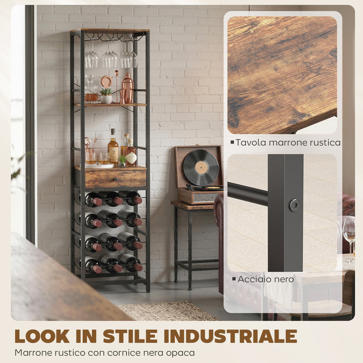 Mobile Bar, Mobile da Bar con Cassetto, Portabicchieri, Marrone Rustico