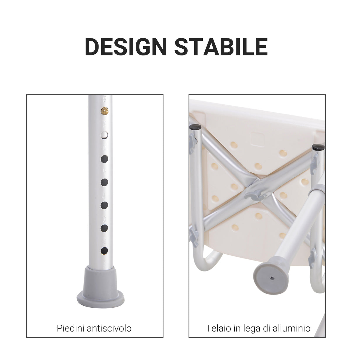 Sedia Doccia Antiscivolo e Regolabile con Fori di Drenaggio e Ventose, in Plastica e Alluminio, 50.6x43x71-88 cm