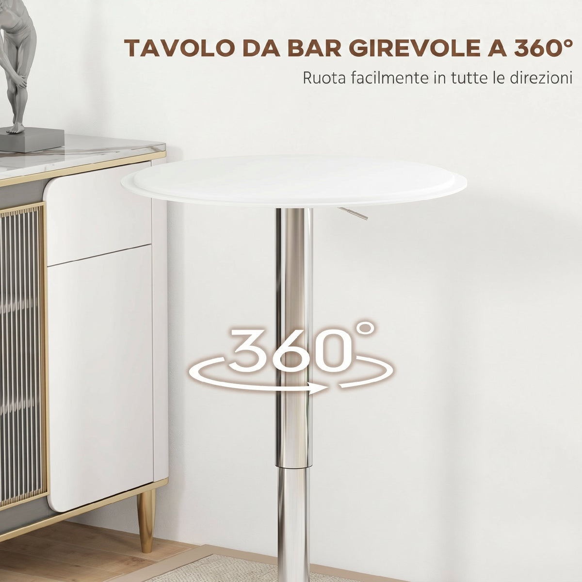 Tavolo Bar Rotondo 63 cm, Regolabile in Altezza 67-93cm con Struttura in Metallo, Piano Girevole 360, per Cucina Sala da Pranzo, Bianco
