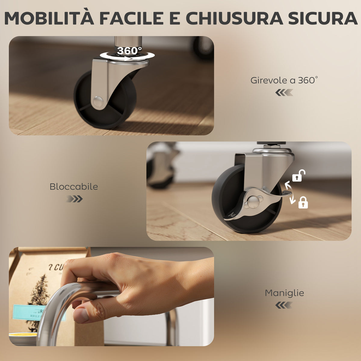 Carrello Multiuso a 4 Livelli con 2 Ripiani Regolabili e Bordi Rialzati, in Acciaio Inox, 60x35x100 cm