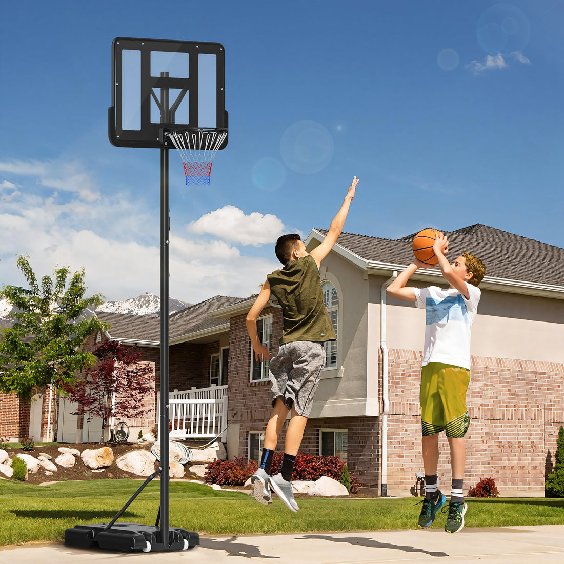 Canestro Basket Altezza Regolabile 160-305cm, Base con Ruote e Struttura in Acciaio, Tabellone in PVC Trasparente