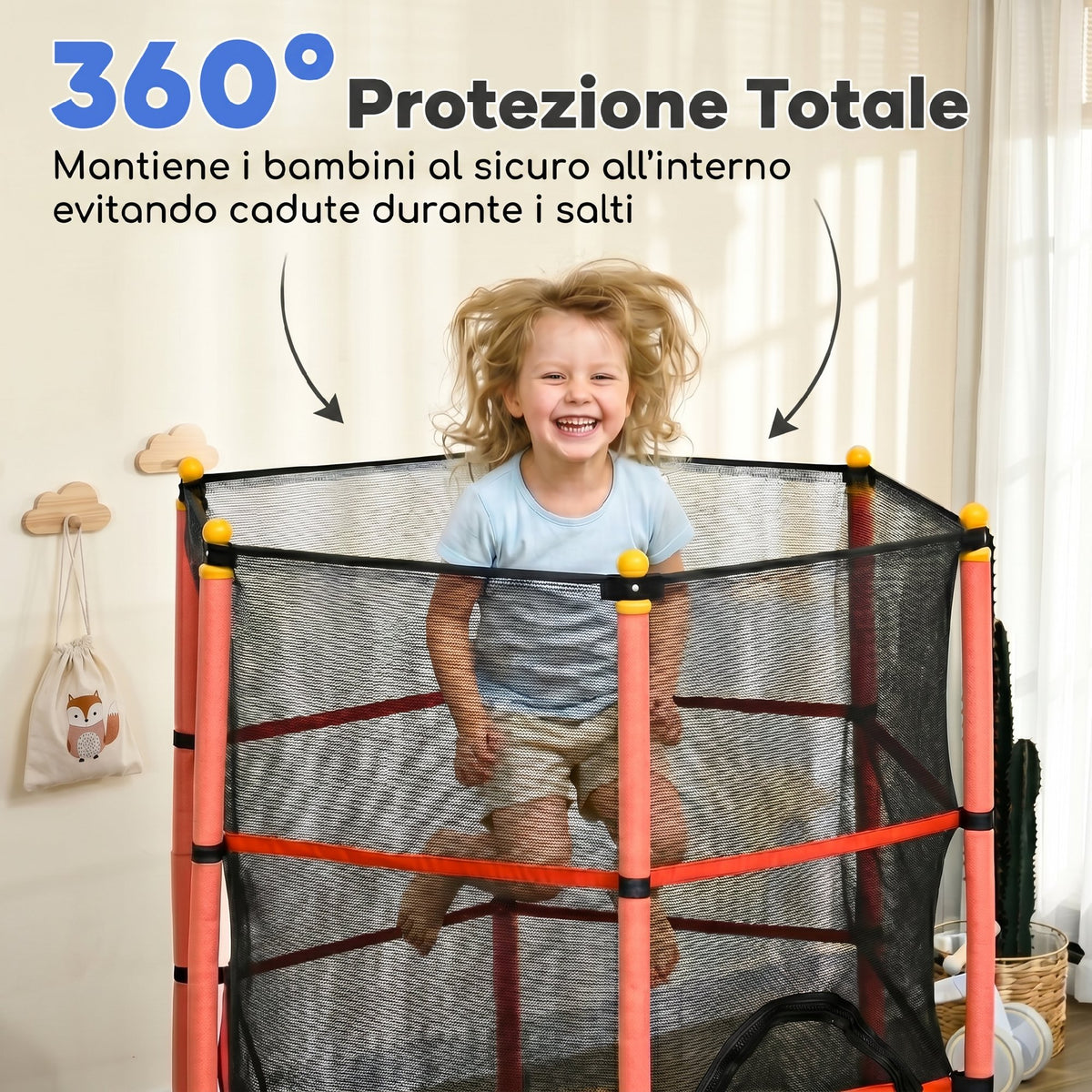 Trampolino Elastico per Bambini 1.6x1.9 m con Rete di Sicurezza e Pali Imbottiti, Età 3-10 Anni, Rosso