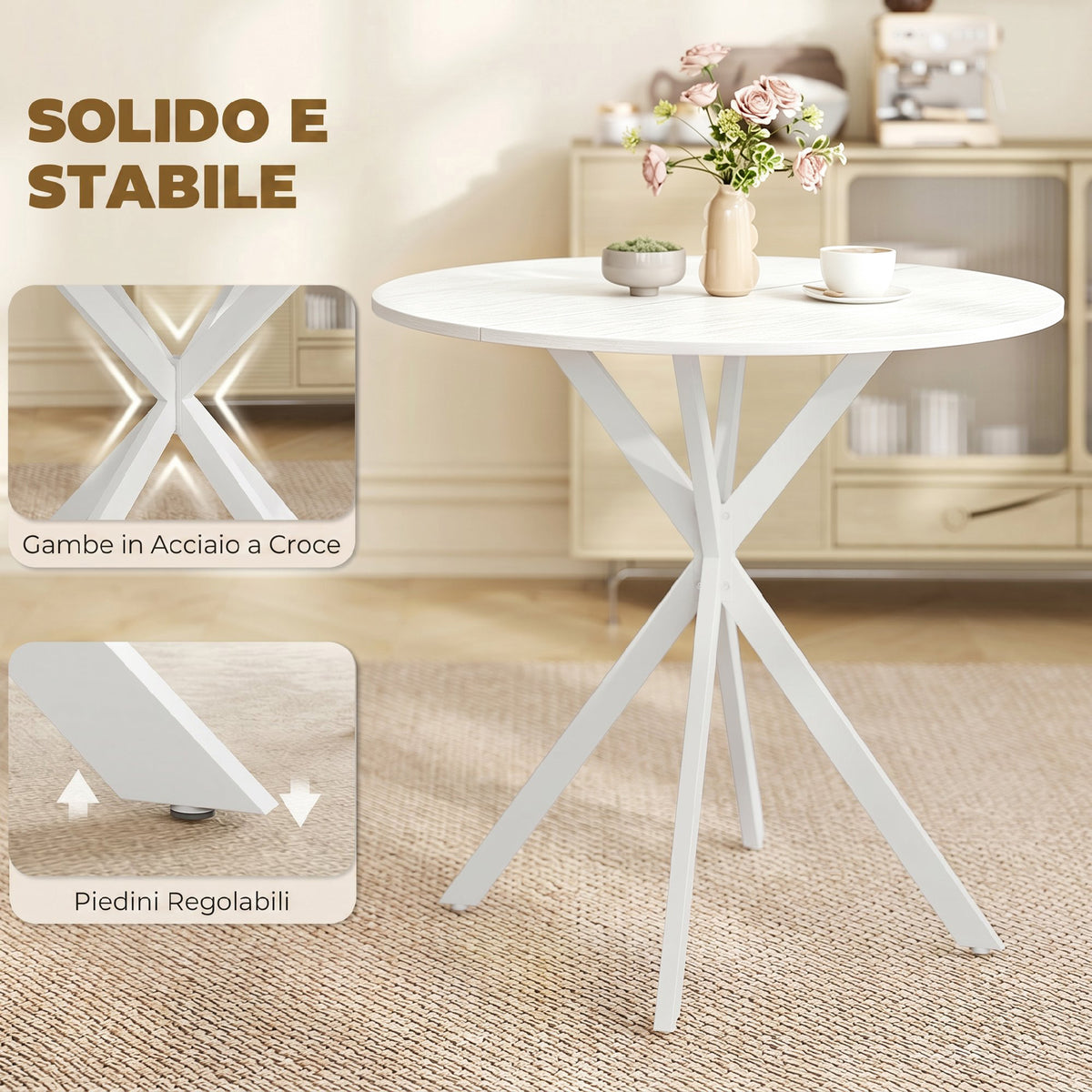 Tavolo da Pranzo Rotondo Stile Industriale con Gambe a Croce in Acciaio, 80x75 cm, Bianco