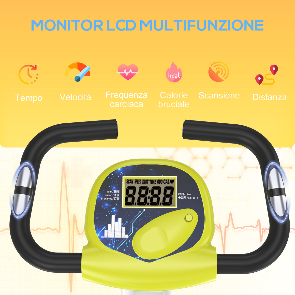 Cyclette Pieghevole da Fitness in Acciaio, Cyclette Magnetica Pieghevole da Casa con Altezza Regolabile, Resistenza Magnetica a 8 Livelli, Schermo LCD, 43x97x109cm, Giallo