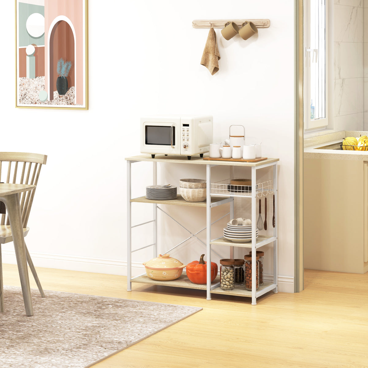 Mobile Cucina Moderno a 4 Ripiani con Cestino e Ganci in Legno e Acciaio, 90x40x84.5cm, Quercia e Bianco