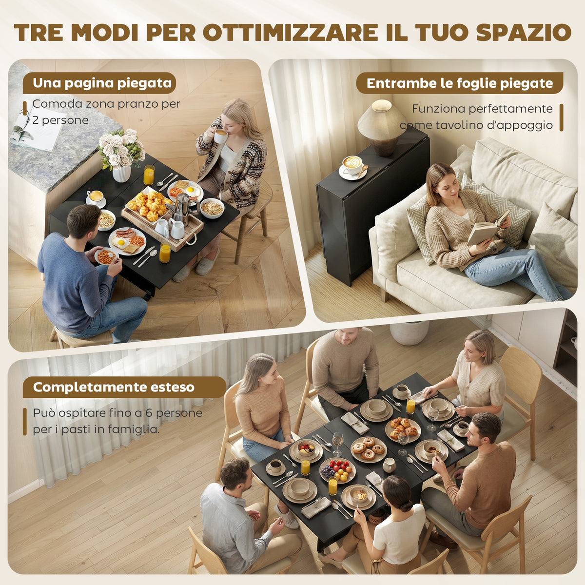 Tavolo Pieghevole in Legno per 4-6 Persone con Ruote, 75x140x74cm, Nero