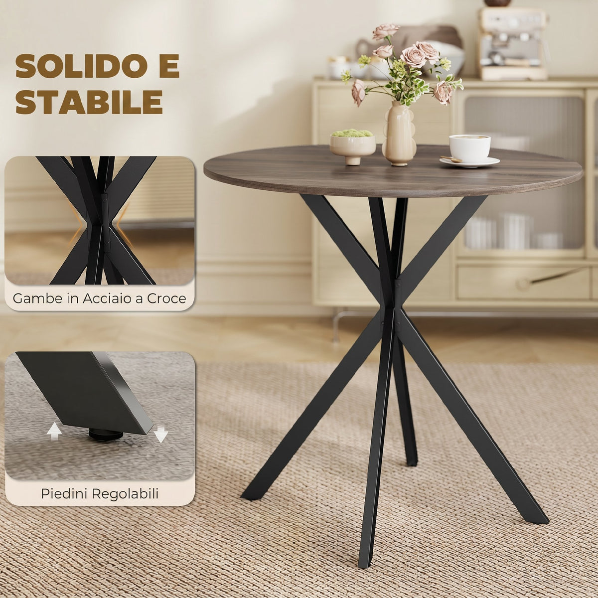 Tavolo da Pranzo Rotondo Stile Industriale con Gambe a Croce in Acciaio, 80x75 cm, Marrone