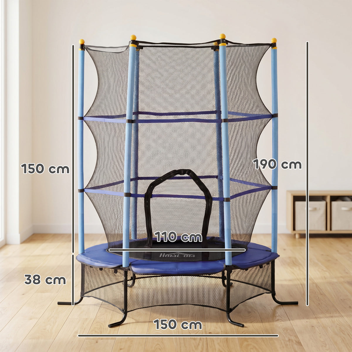 Trampolino Elastico per Bambini 1.6x1.9 m con Rete di Sicurezza e Pali Imbottiti, Età 3-10 Anni, Blu