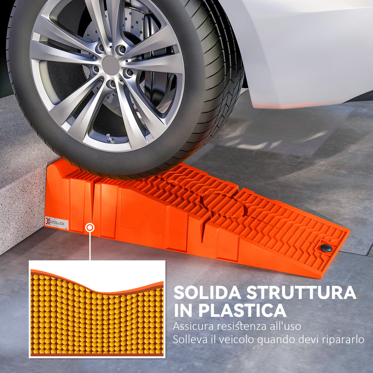 Set 2 Rampe per Auto in Plastica con Carico Massimo 5 Tonnellate, 91x30x21 cm, Arancione