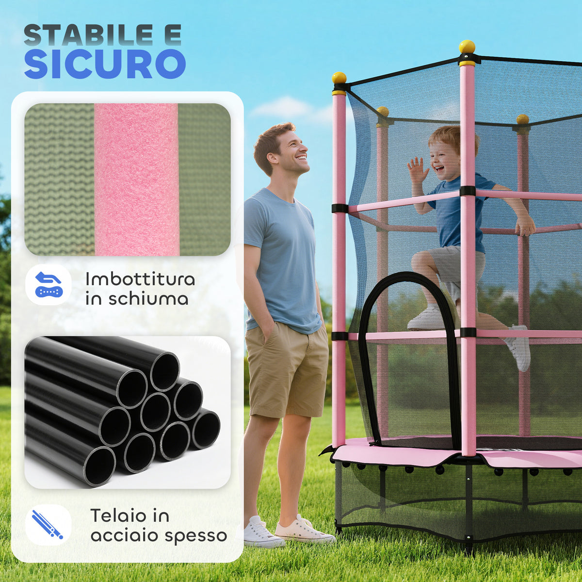 Tappeto Elastico per Bambini con Rete di Sicurezza e Pali Imbottiti Età 3-10 Anni, 140 x 190 cm, Rosa