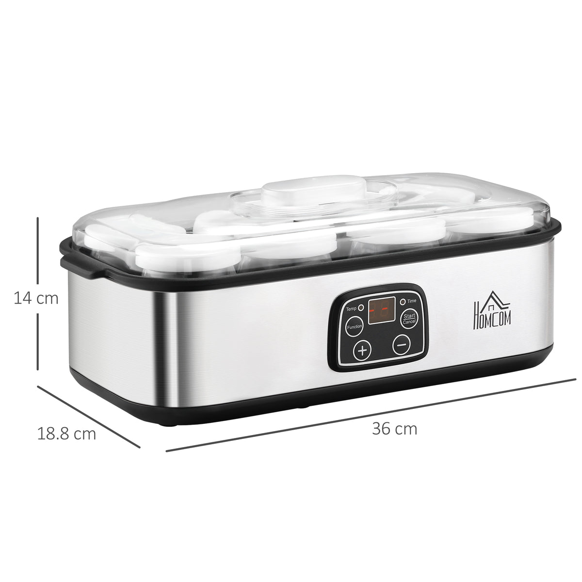 Yogurtiera Elettrica 25W con 8 Vasetti Inclusi, Timer 1-48 Ore e Temperatura Regolabile 20-50C, 36x18.8x14cm, Argento