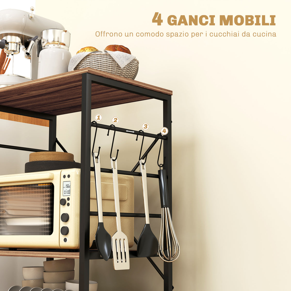 Scaffale da Cucina a 3 Livelli Stile Industriale con Ruote e 4 Ganci, Struttura in Acciaio, 60x40x84 cm, Teak
