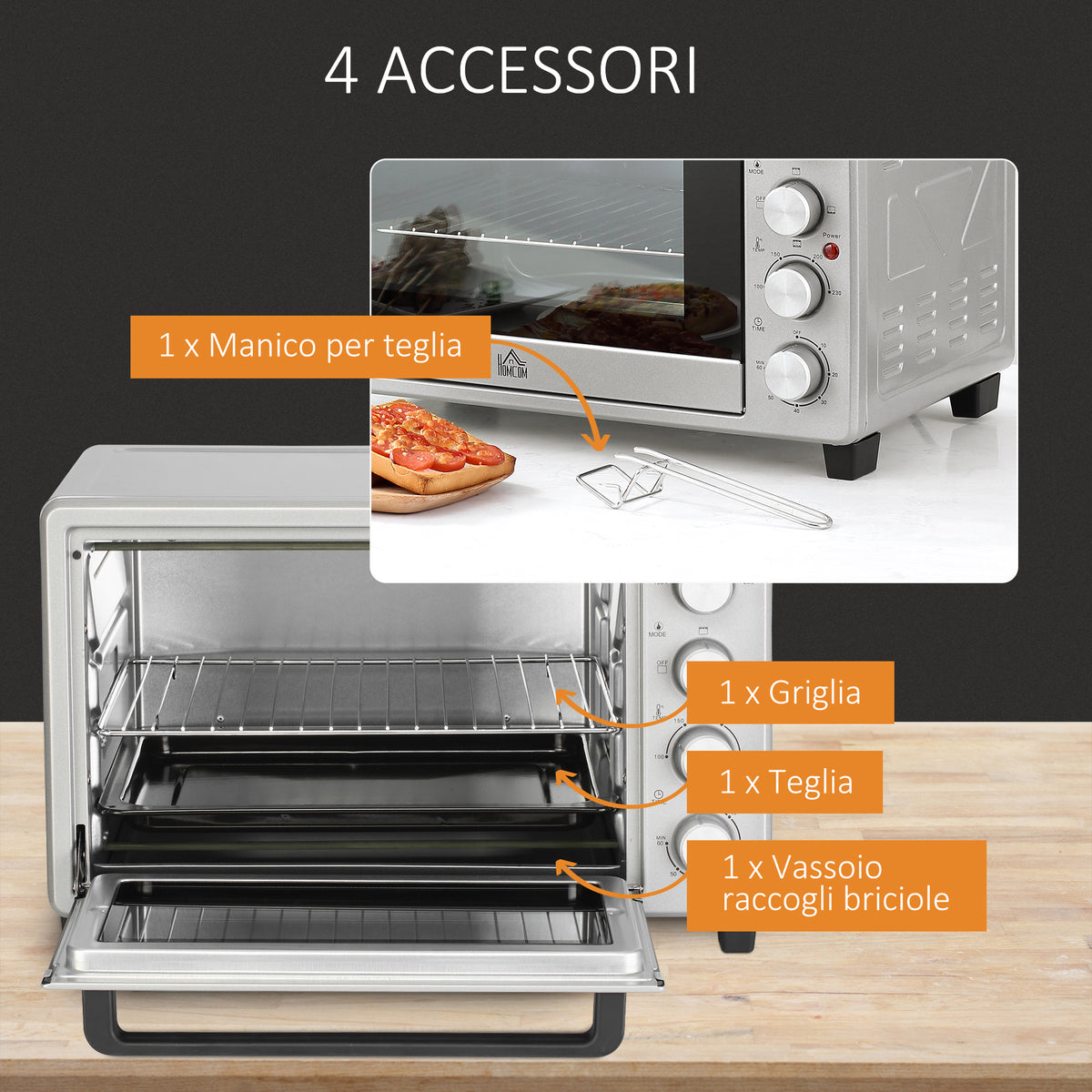 Fornetto Elettrico da 32L Regolazione Temperatura e Timer, 3 Modalità di Cottura e Accessori, Argento