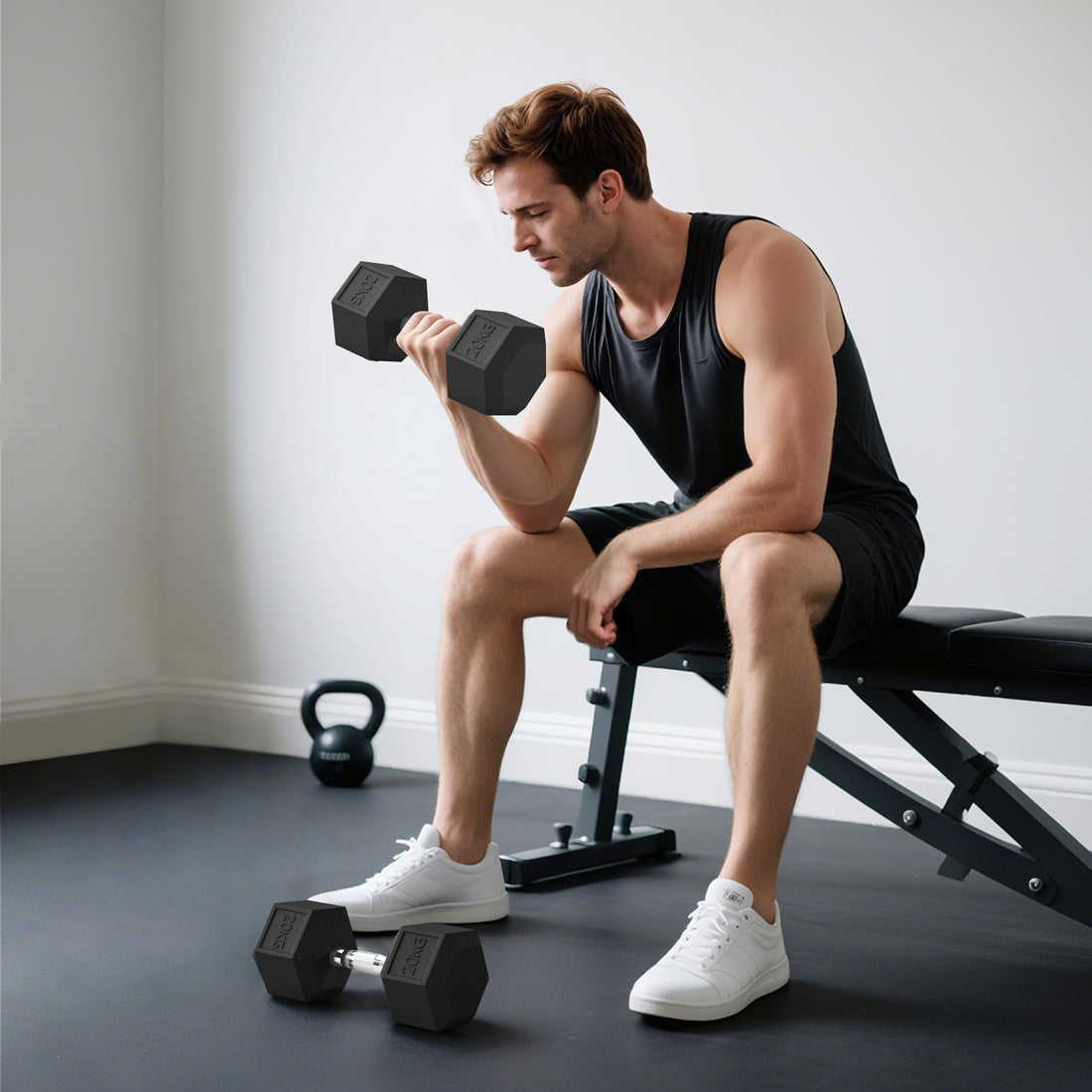 Set di Manubri da 2x20 kg con Impugnatura Antiscivolo, in Metallo, per Allenamento Fitness Casa e Palestra, Nero