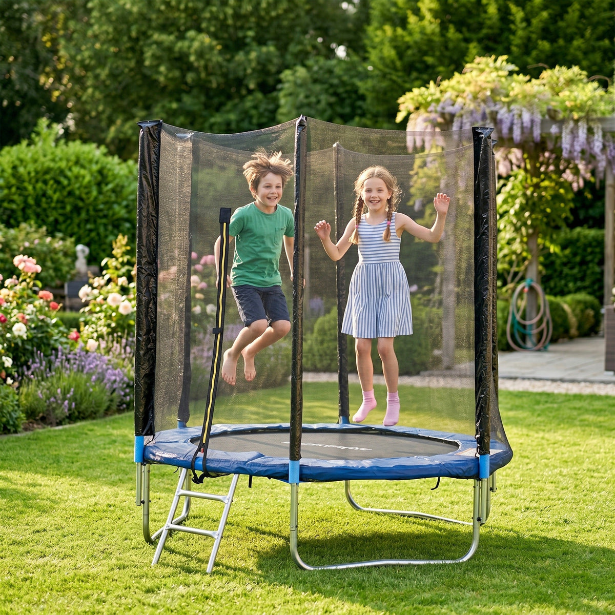 Trampolino Elastico con Scaletta e Rete di Sicurezza, in Acciaio e Plastica, 180x200 cm, Blu