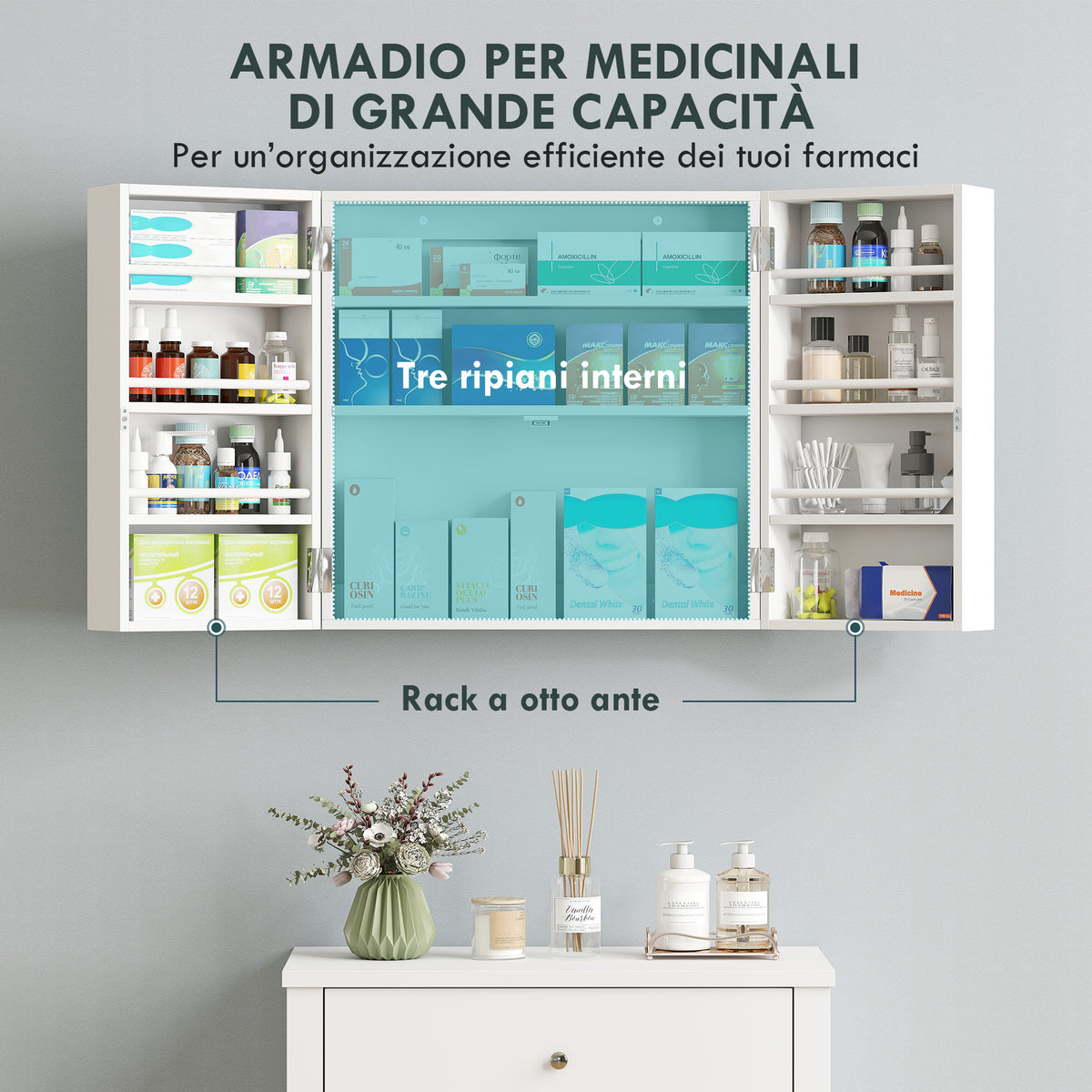 Armadietto Medicinali con 3 Mensole Interne e 8 Portabottiglie, in Legno e Metallo, 53x20x53 cm, Bianco