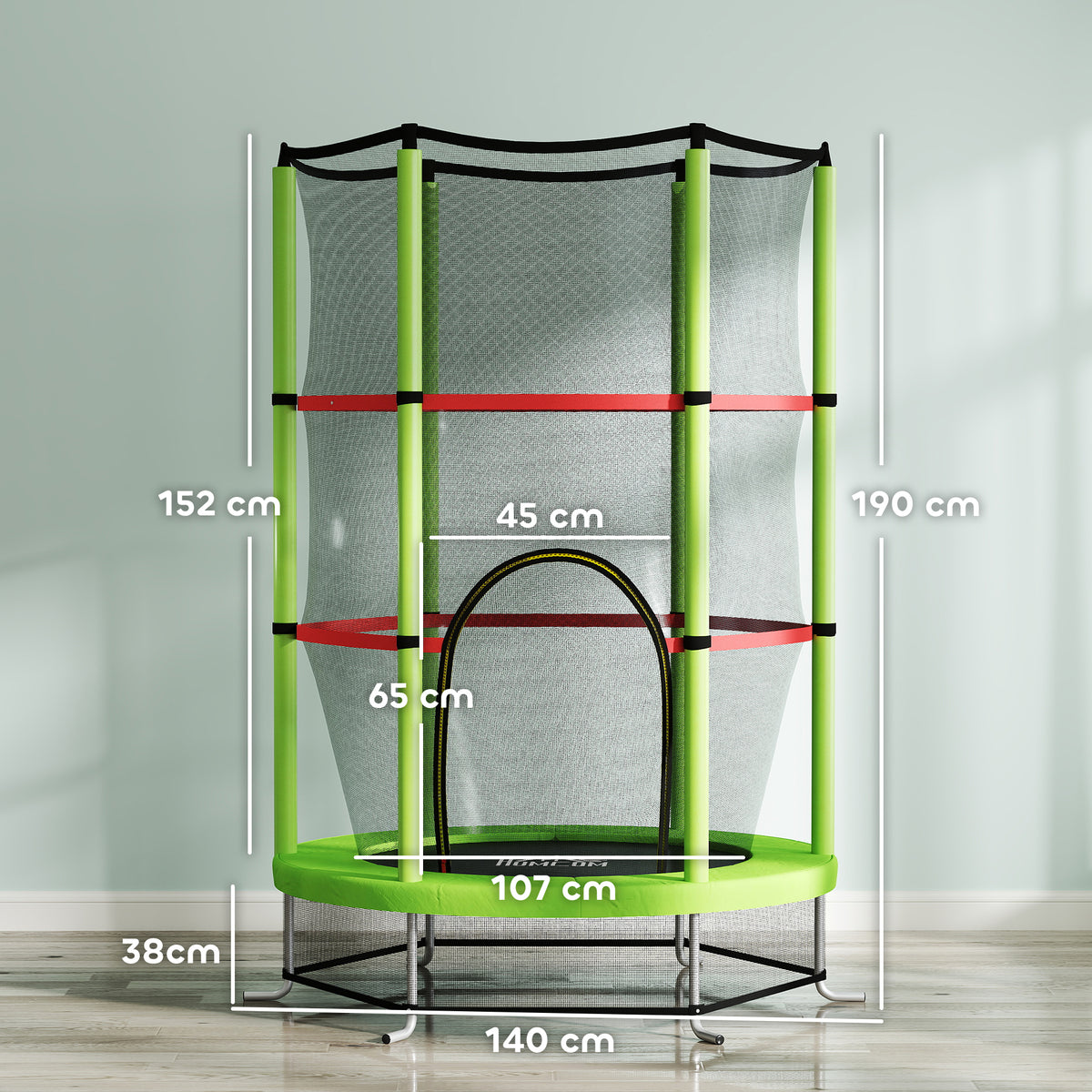 Tappeto Elastico per Bambini 3-6 Anni con Rete di Protezione, 6 Colonne e 3 Ingressi, 140x190 cm, Verde e Nero