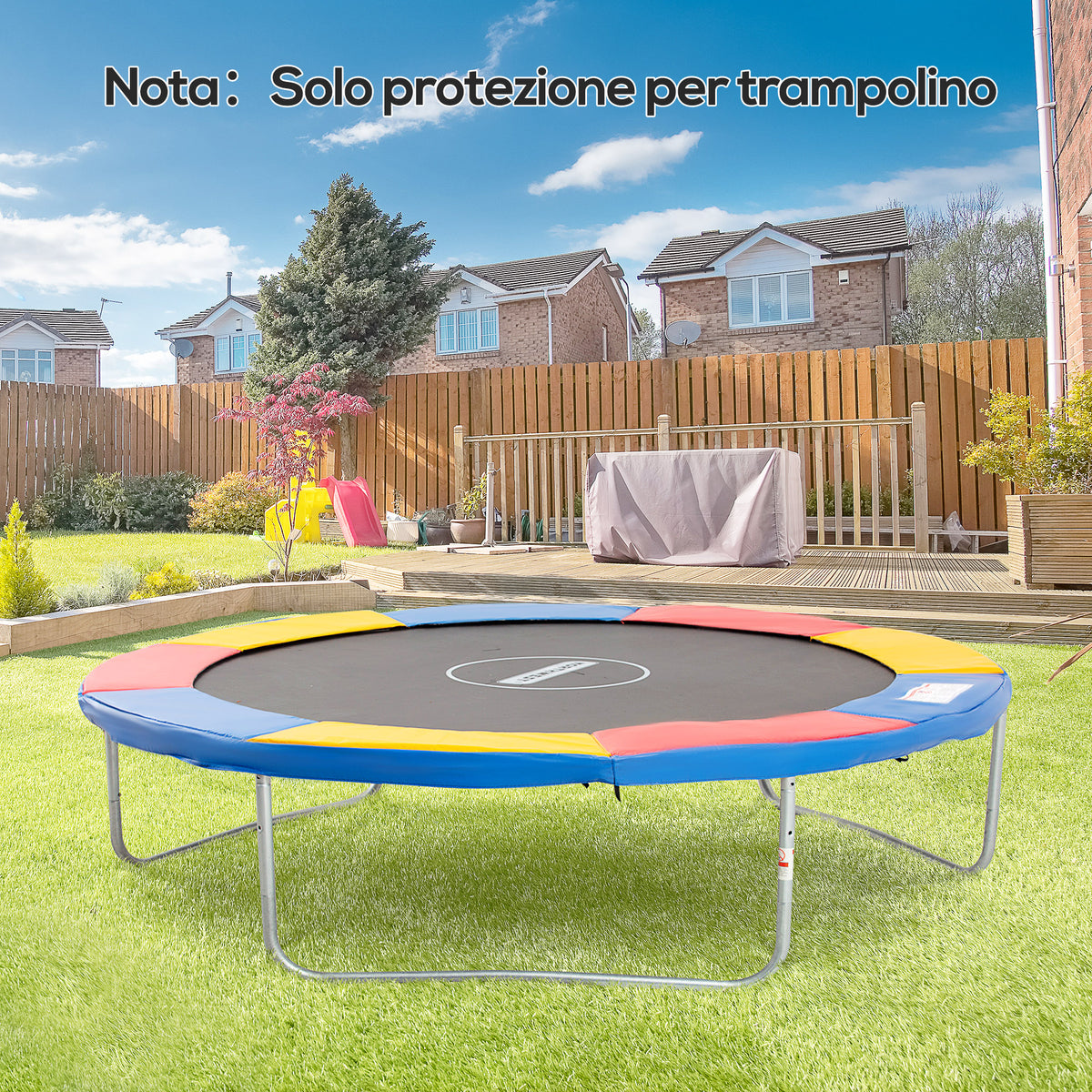 Copertura Tappeto Elastico 305x1.5 cm Pieghevole e Portatile, Protezione Trampolino da Giardino in Plastica, PE e Schiuma EPE, Nessun Foro per Palo, Rosso, Blu e Giallo