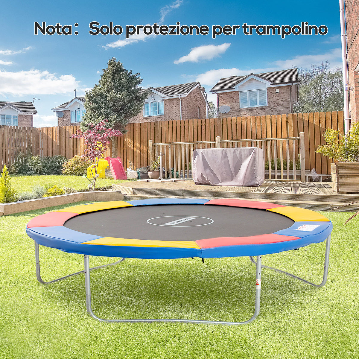 Copertura Tappeto Elastico 305x1.5 cm Pieghevole e Portatile, Protezione Trampolino da Giardino in Plastica, PE e Schiuma EPE, Nessun Foro per Palo, Rosso, Blu e Giallo