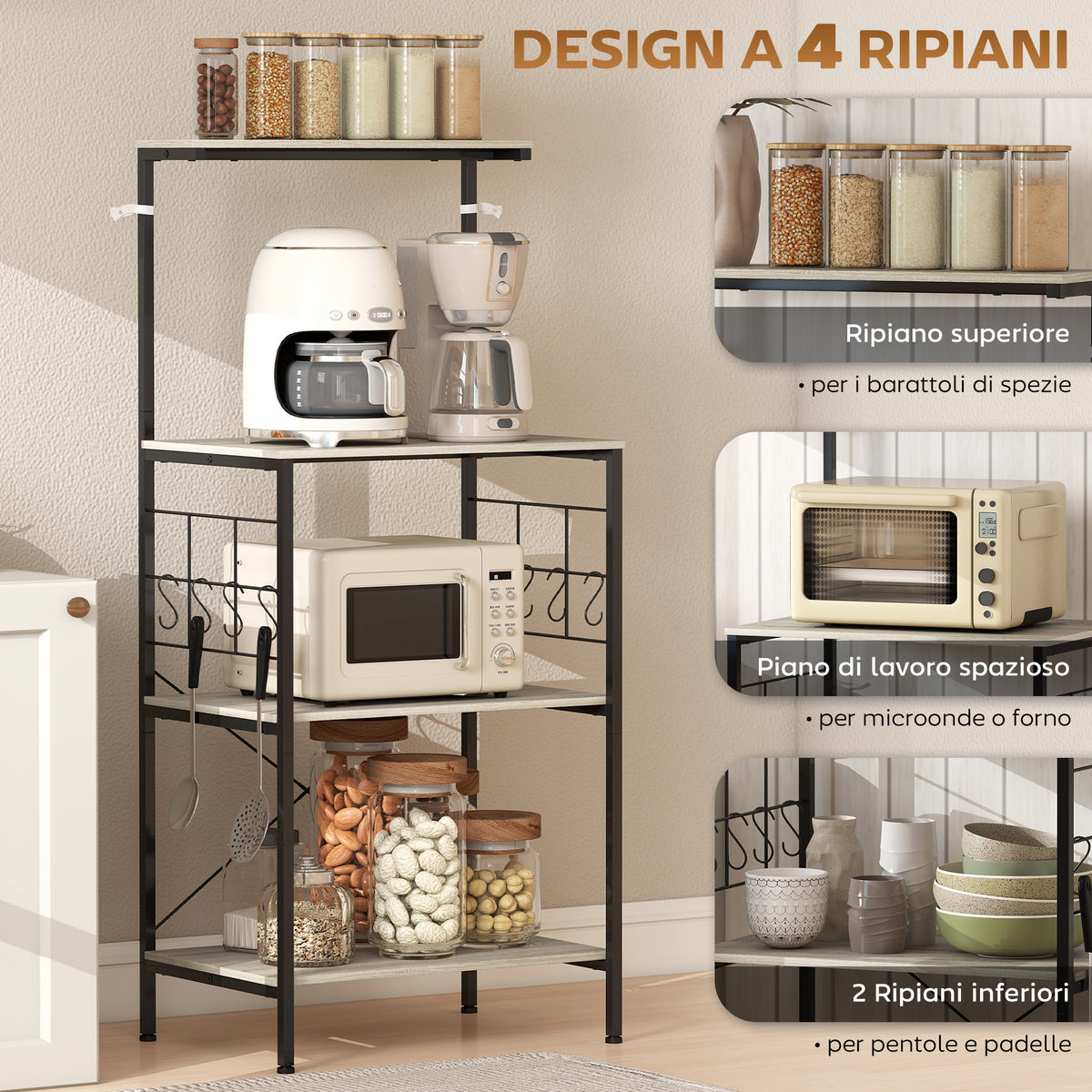 Scaffale Cucina a 4 Livelli con Pannelli a Rete e 8 Ganci Stile Industriale, 60x42x134.5 cm, Rovere