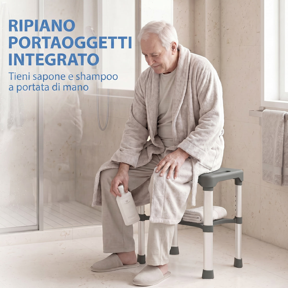 Sgabello per Doccia in Alluminio con Mensola Integrato, Altezza Regolabile 5 Livelli, Portata 150kg, Grigio
