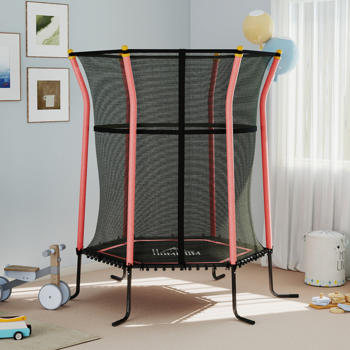 Tappeto Elastico per Bambini con Ingresso a Cerniera e Pali Imbottiti, 122x111x190 cm, Rosso