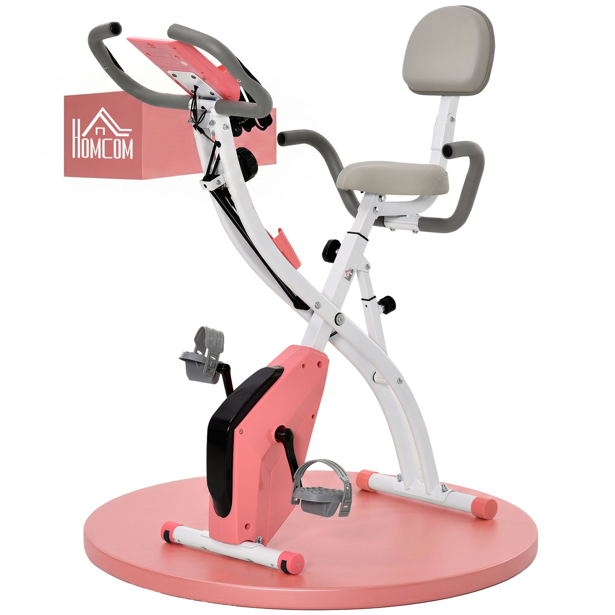 Cyclette Pieghevole 2 in 1, Resistenza Magnetica Regolabile 8 Livelli, Cyclette da Casa Silenziosa con Sensore Cardiaco, Sedile Regolabile, Bande Elastici, Schermo LCD, Ruote, Rosa