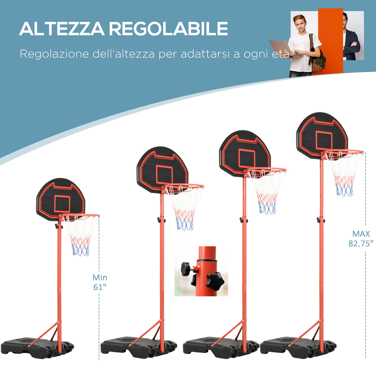 Canestro Basket da Esterno con Altezza Regolabile 193.5-248.5cm e Base Riempibile con Acqua o Sabbia, 73x49x194-249 cm