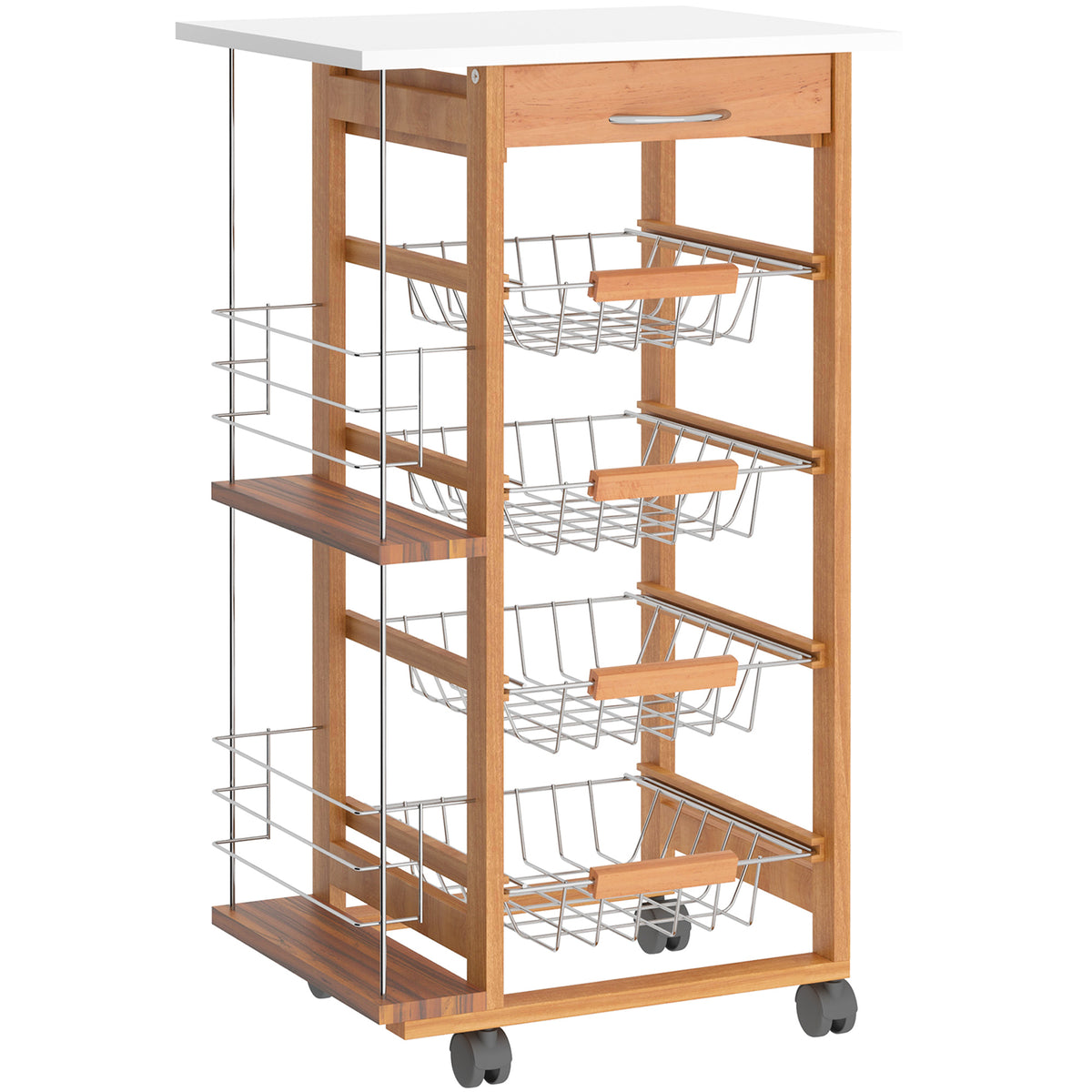 Carrello da Cucina con 1 Cassetto, 4 Cestelli Metallici e 2 Ripiani Portaspezie in Legno 47 x 37 x 83 cm Marrone