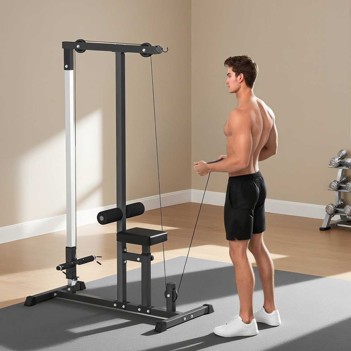 Stazione Fitness Pull Down da Casa con Panca e Cavo Regolabile, in Acciaio 107x120x190cm Nero