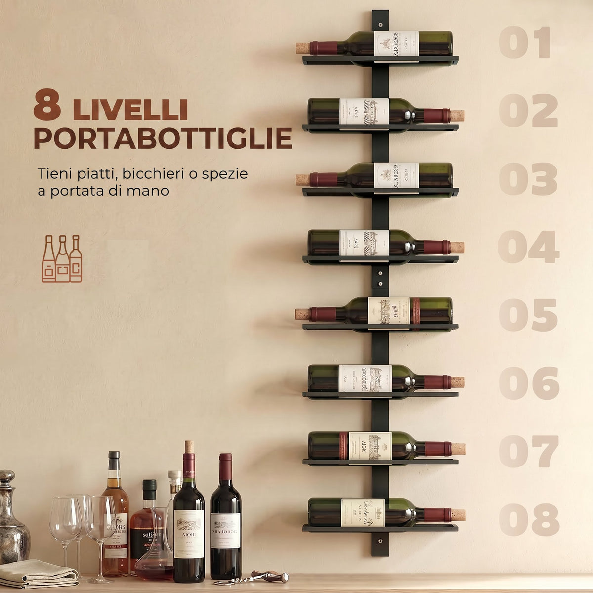 Portabottiglie da Parete in Acciaio per 8 Bottiglie di Vino, Cucina e Sala, 27x10x93.5 cm, Nero