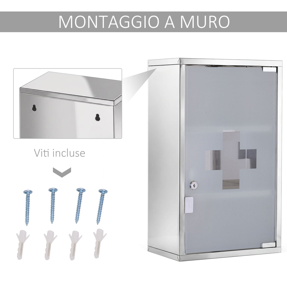 Armadietto medicinali 50x30x18cm Cassetta mobile bagno primo soccorso in acciaio inox con serratura
