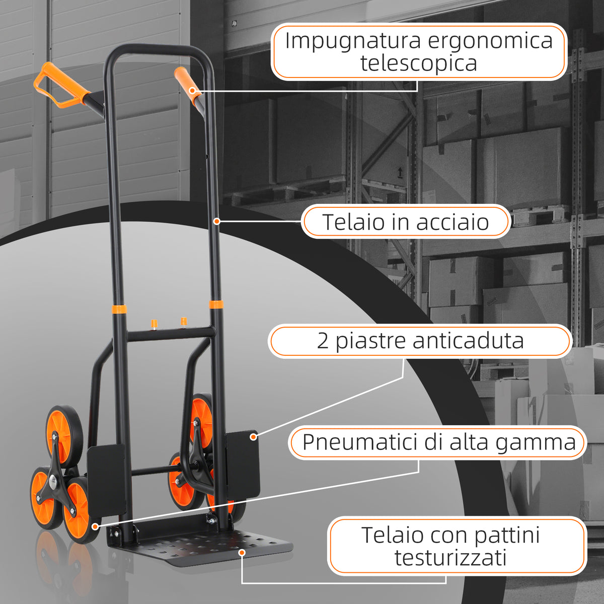 Carrello Portapacchi per Scale 6 Ruote, Pieghevole, Portata 120kg, in Acciaio, per Trasloco, Giardinaggio, Arancione