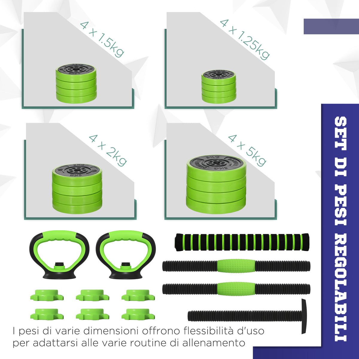 Pesi da Palestra Set 4 in 1 da 40kg totali, utilizzabile come Kettlebell, Manubri e Bilancieri