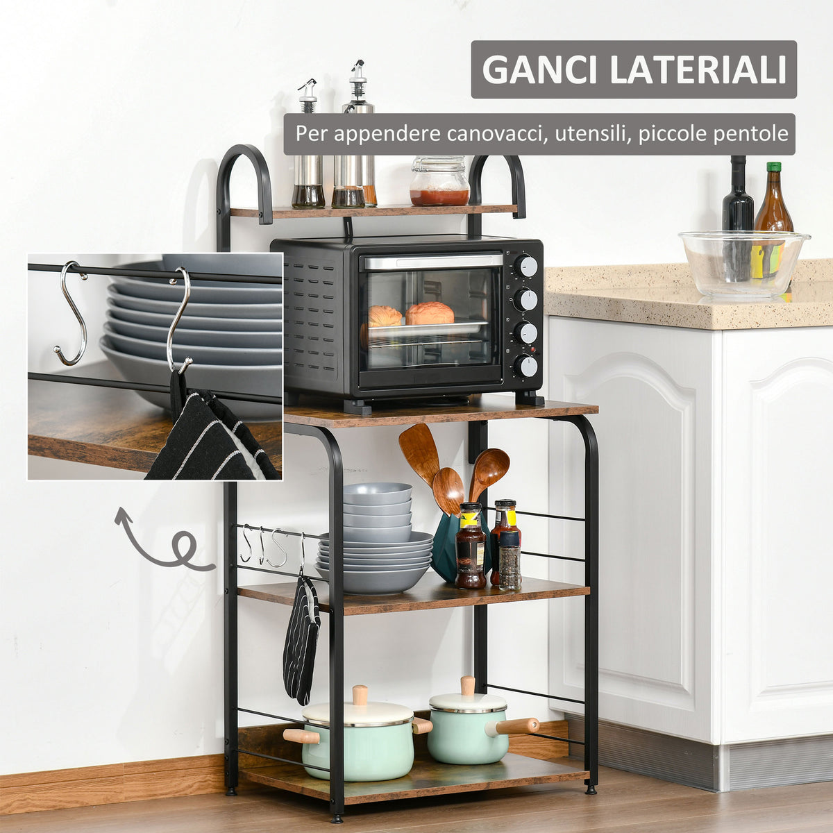 Mobiletto per Microonde, Scaffale da Cucina a 4 Ripiani e 4 Ganci, Mobile Cucina in Acciaio e Legno 60x40x125cm, Marrone Rustico