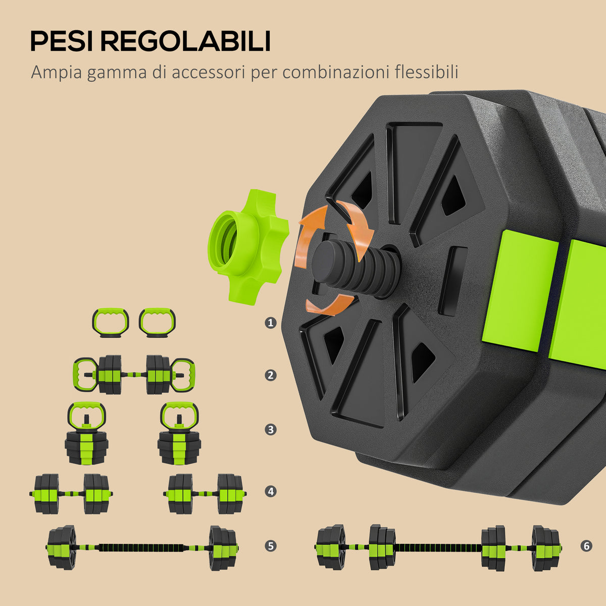 Set Pesi Palestra 6 in 1 Multifunzione da 25kg Totali in Plastica e Sabbia, 125x18x18 cm, Verde