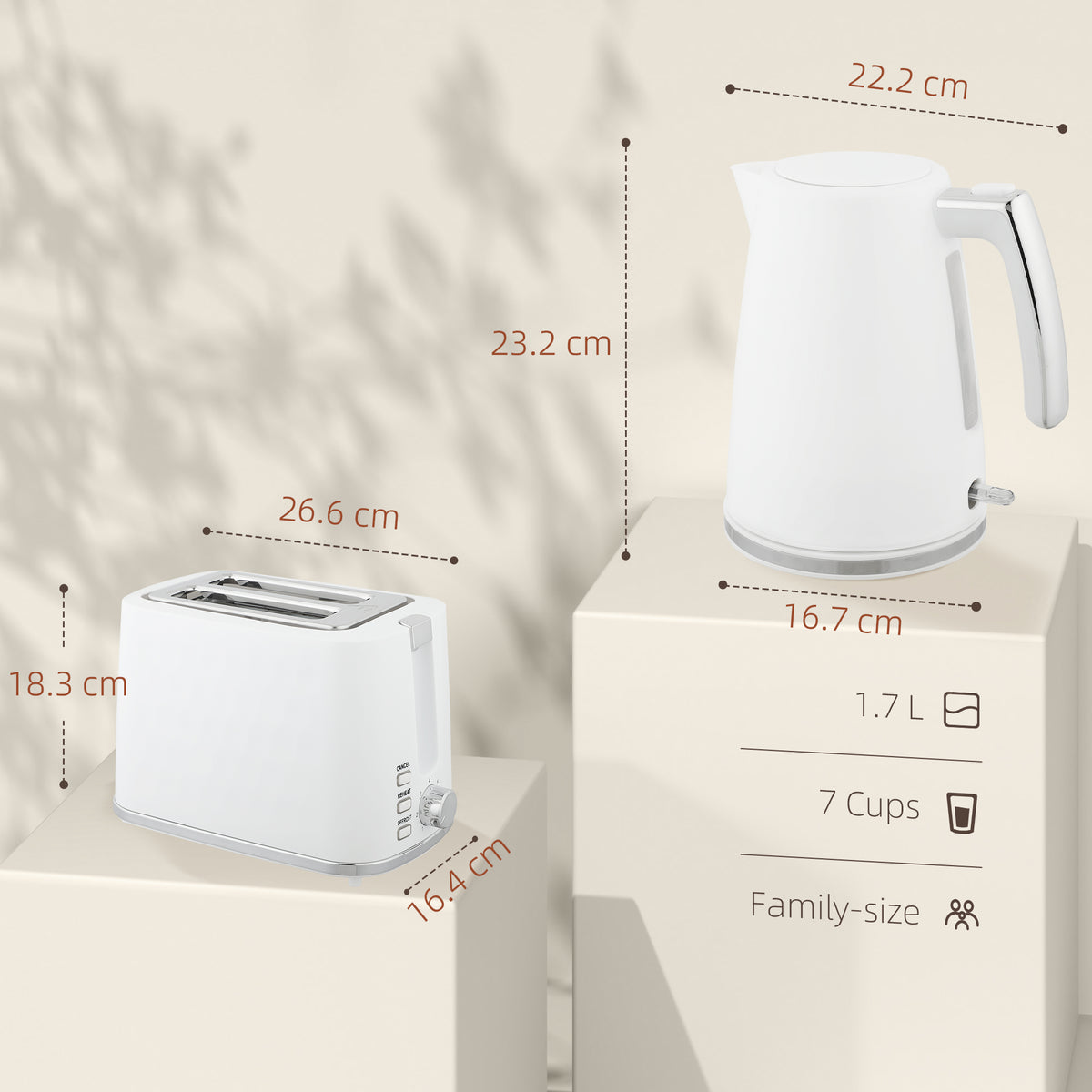 Set Bollitore Elettrico da 1.7L 2200W con Termostato e Tostapane Doppio con 7 Livelli di Doratura, Bianco