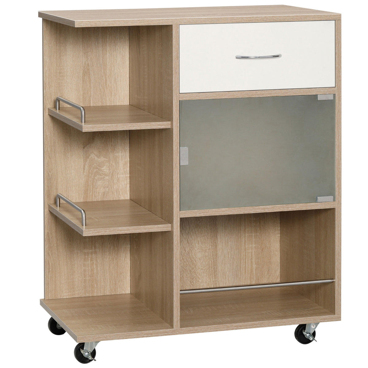 Carrello da Cucina Portavivande con Cassetto, Ripiani e Armadietto in Legno, Acciaio e Vetro, 65x39x80cm