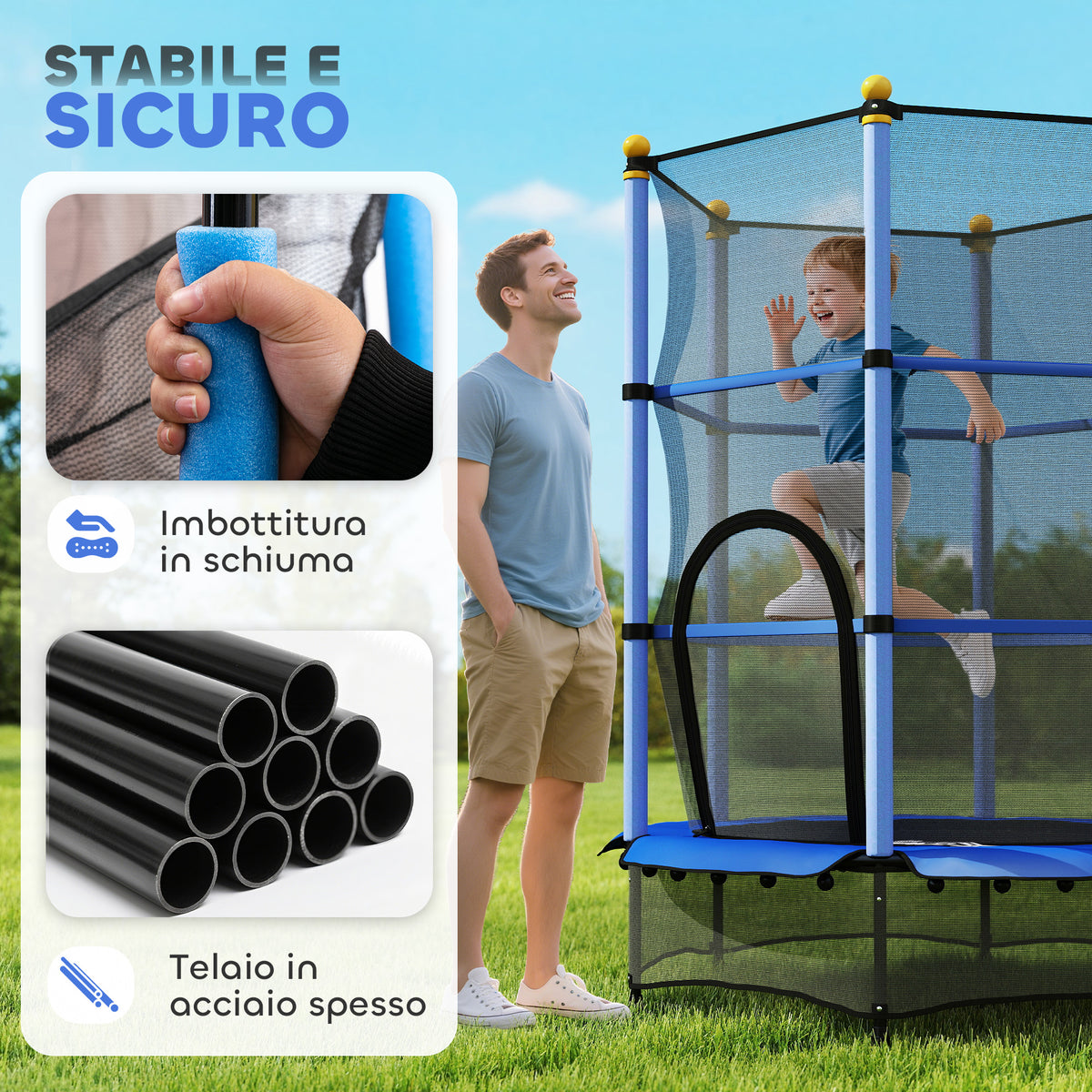 Tappeto Elastico per Bambini con Rete di Sicurezza e Pali Imbottiti Età 3-10 Anni, 140 x 190 cm, Blu