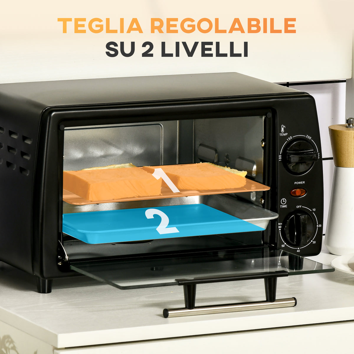 Fornetto Elettrico 10L da 750W con Temperatura Regolabile e Timer, 36.5x26x22 cm, Nero