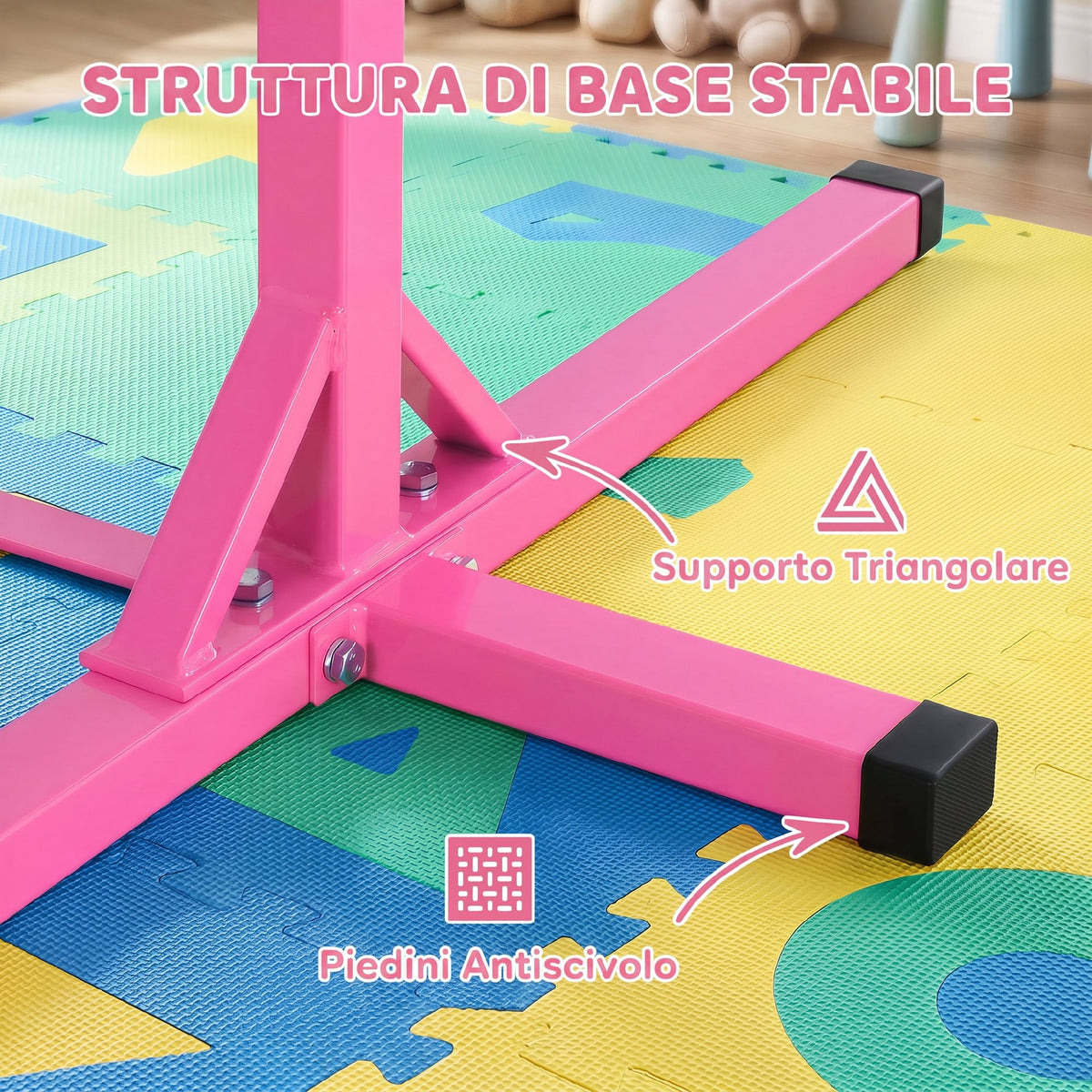 Barra da Ginnastica Artistica per Bambini 3+ Anni con Altezza Regolabile 92-150 cm, in Acciaio e Legno Massello di Faggio, Sbarra Orizzontali Danza Attrezzatura Palestra Antiscivolo, Rosa