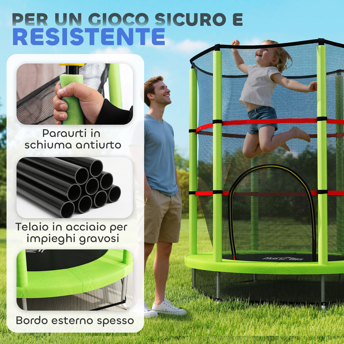 Tappeto Elastico per Bambini 3-6 Anni con Rete di Protezione, 6 Colonne e 3 Ingressi, 140x190 cm, Verde e Nero