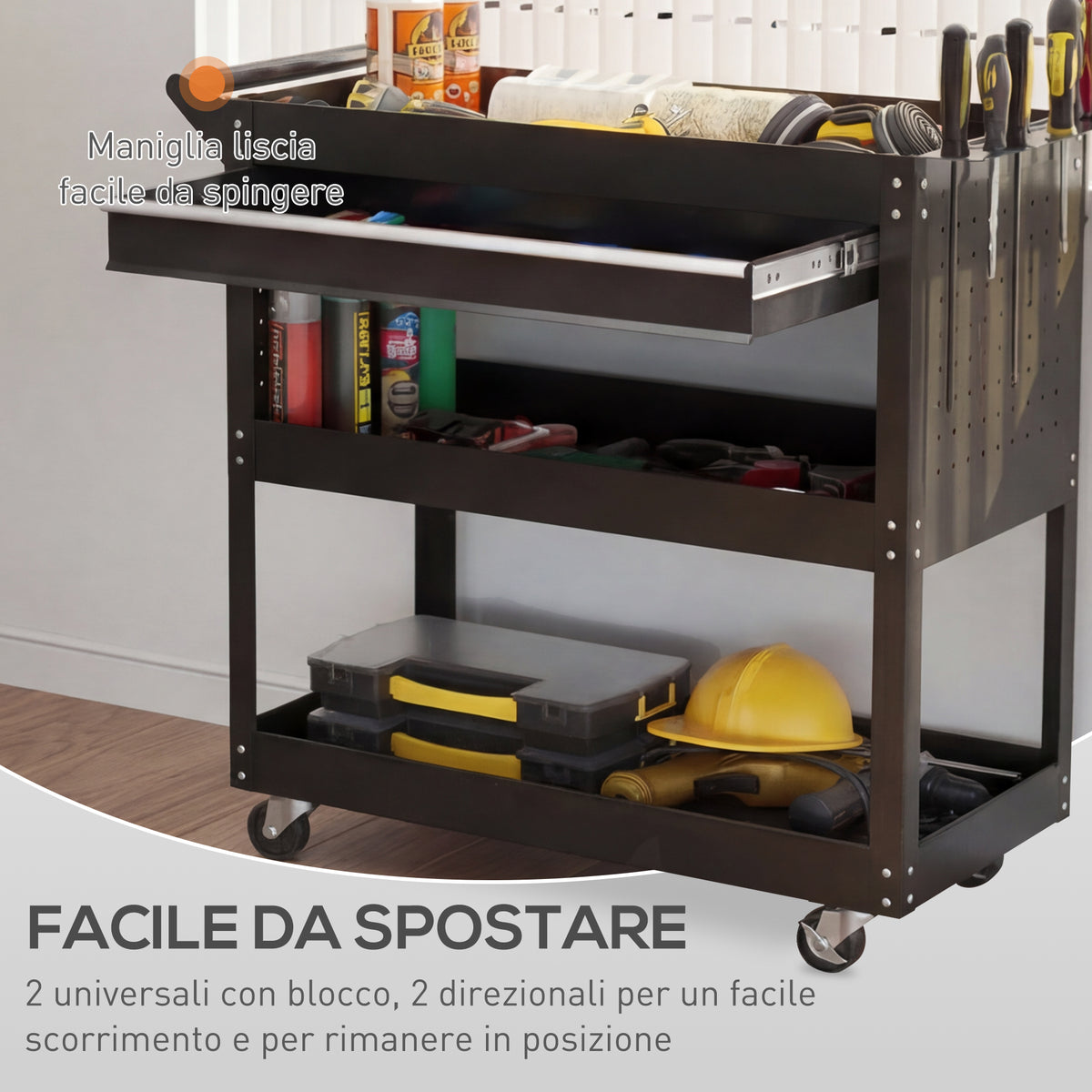 Carrello 3 Livelli in Acciaio con Cassetto, Porta Utensili Laterale e Maniglia, Nero