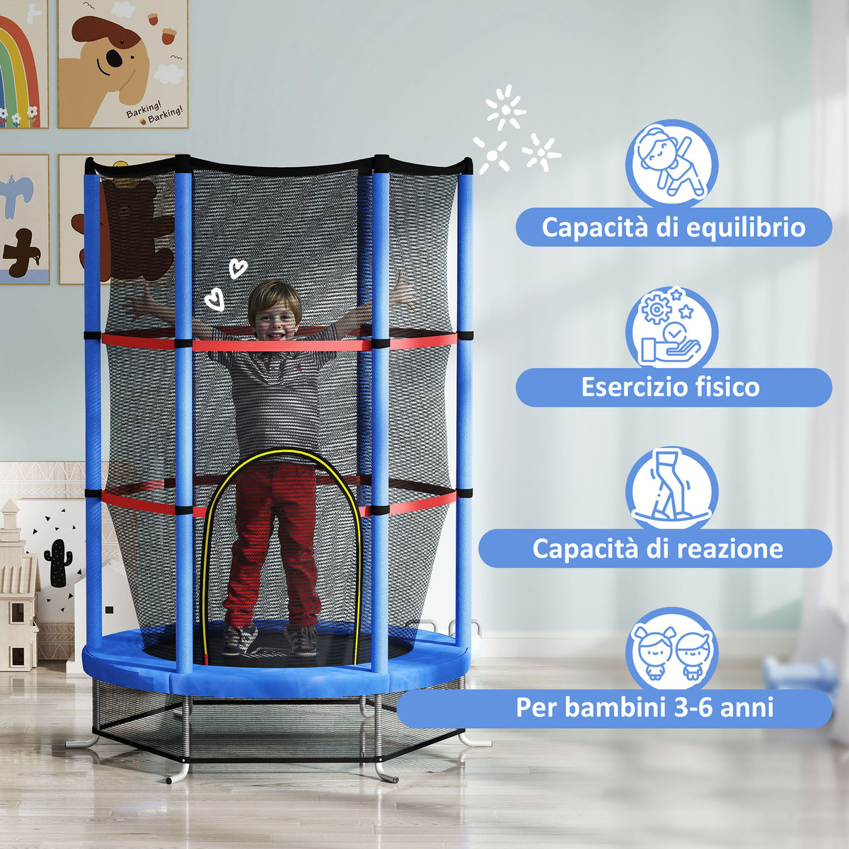 Tappeto Elastico per Bambini 3-6 Anni con Rete di Protezione, 6 Colonne e 3 Ingressi, 140x190 cm, Blu e Nero